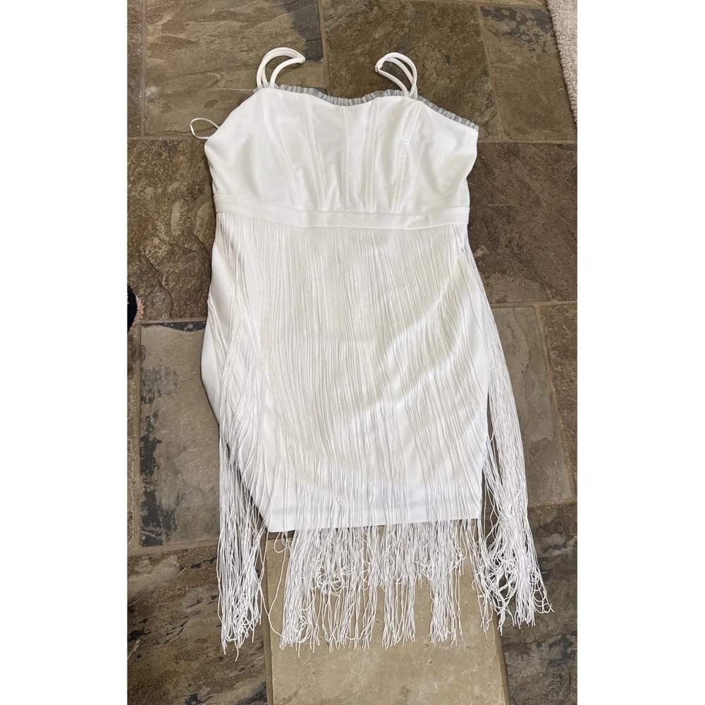 VTG Cache White Fringed Cocktail Flapper Special Occasion Dress Empire‎ Size 12